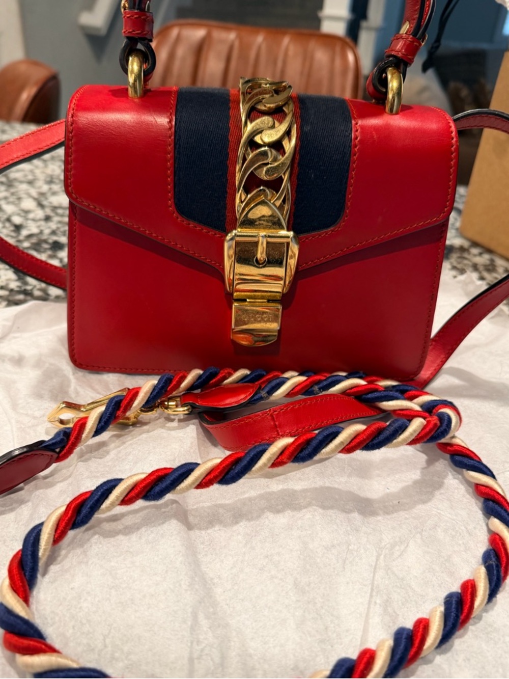 Gucci Red Leather Satchel with Gold Chain and Navy Trim - Picture 2 of 7